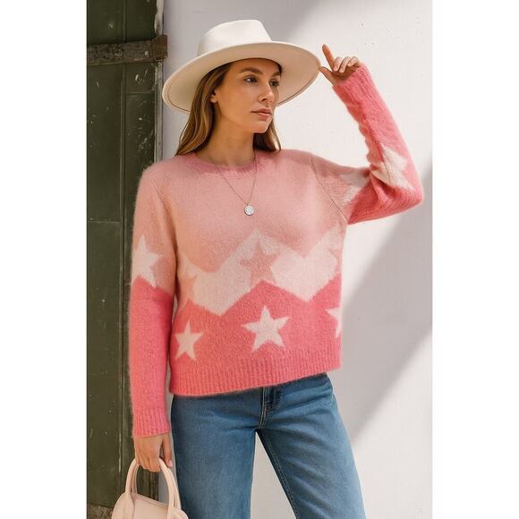 Easel Los Angeles Fuzzy Pink Star Sweater Women’s Size M Cozy Knit Pullover - Picture 2 of 9